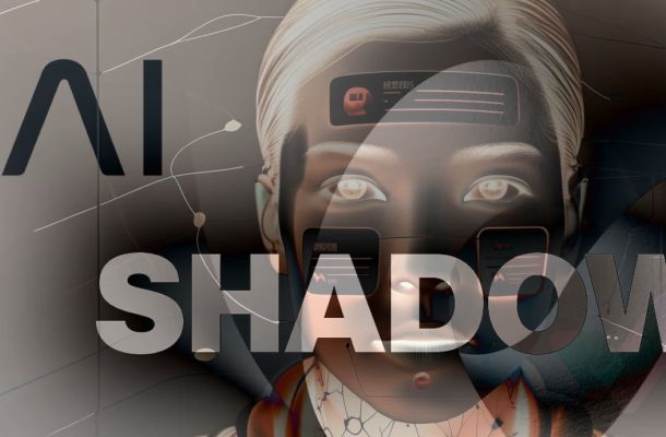Rostro de figura robótica con elementos digitales superpuestos y el texto "AI Shadow", representando el uso oculto y no autorizado de inteligencia artificial en entornos corporativos