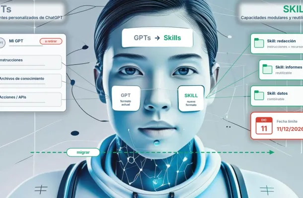 Ilustración sobre cómo migrar GPTs personalizados a skills de ChatGPT: a la izquierda la configuración de un GPT marcada para retirar, a la derecha skills modulares y un calendario con la fecha límite del 11 de diciembre de 2026