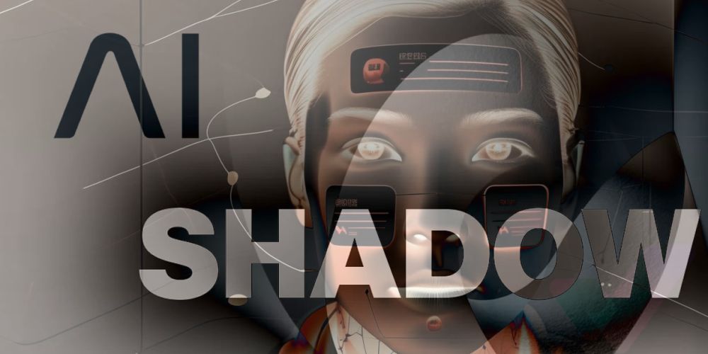 Rostro de figura robótica con elementos digitales superpuestos y el texto "AI Shadow", representando el uso oculto y no autorizado de inteligencia artificial en entornos corporativos