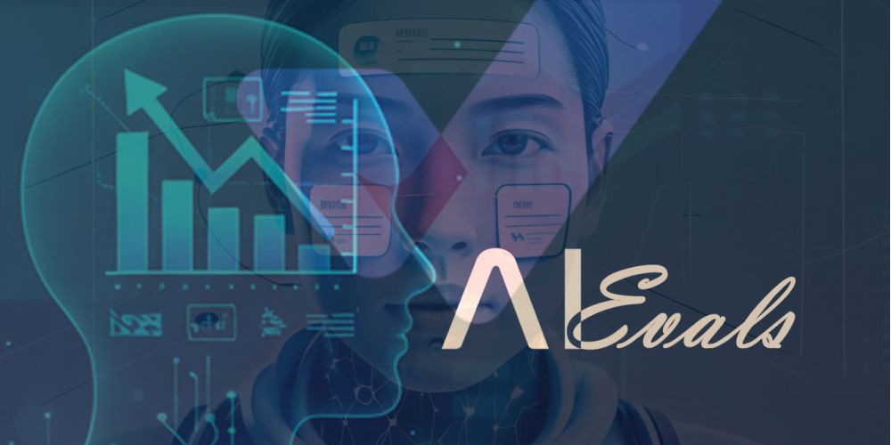Composición visual con silueta de cabeza con gráfico de barras y flecha ascendente, figura robótica y texto "AI Evals", representando la evaluación y medición del rendimiento de la automatización con inteligencia artificial