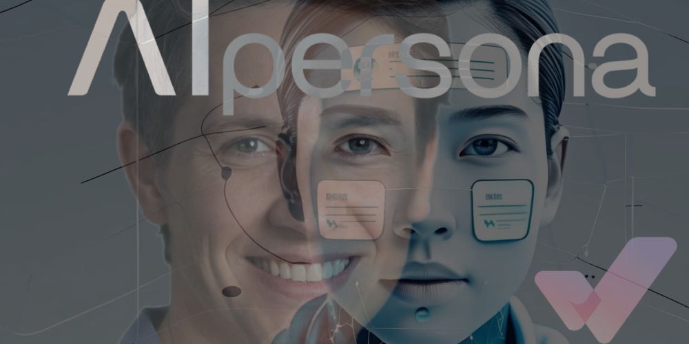 Composición visual que muestra la fusión entre un rostro humano y un rostro de inteligencia artificial, representando el concepto de AI Persona como identidad de un agente IA