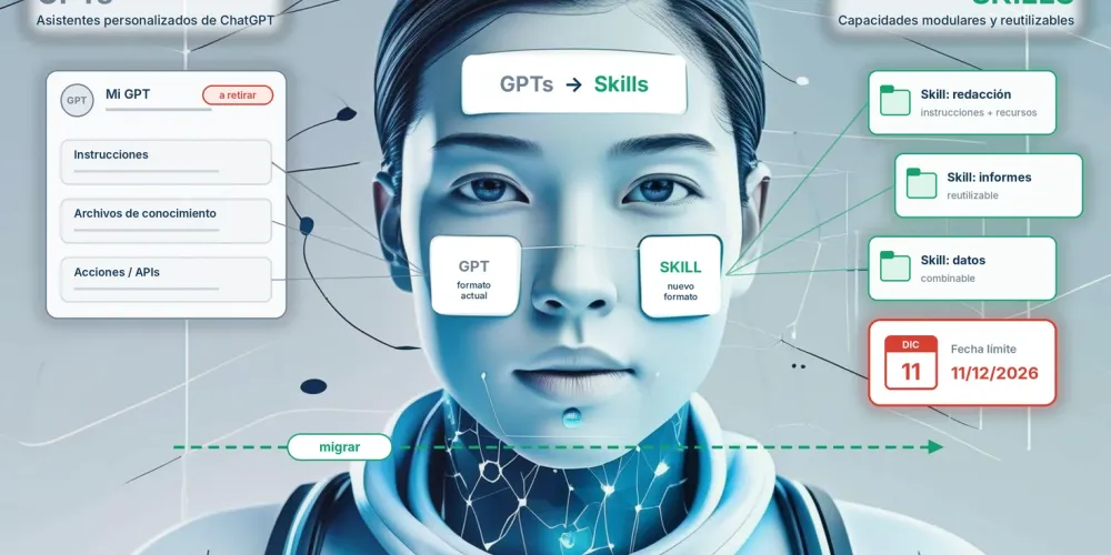 Ilustración sobre cómo migrar GPTs personalizados a skills de ChatGPT: a la izquierda la configuración de un GPT marcada para retirar, a la derecha skills modulares y un calendario con la fecha límite del 11 de diciembre de 2026