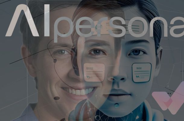 Composición visual que muestra la fusión entre un rostro humano y un rostro de inteligencia artificial, representando el concepto de AI Persona como identidad de un agente IA