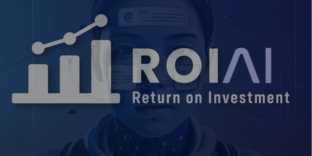 Gráfico de barras con tendencia ascendente y texto "ROI AI - Return on Investment" sobre fondo azul con figura robótica, representando el retorno de inversión de la automatización con inteligencia artificial en empresas