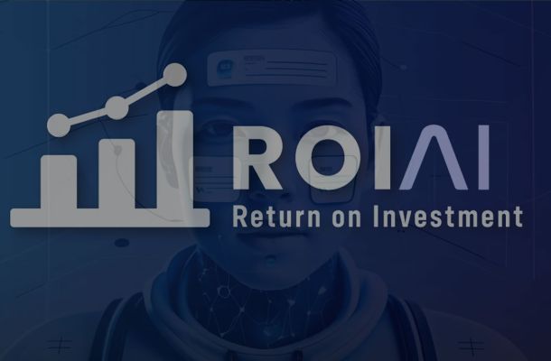 Gráfico de barras con tendencia ascendente y texto "ROI AI - Return on Investment" sobre fondo azul con figura robótica, representando el retorno de inversión de la automatización con inteligencia artificial en empresas