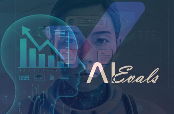 Composición visual con silueta de cabeza con gráfico de barras y flecha ascendente, figura robótica y texto "AI Evals", representando la evaluación y medición del rendimiento de la automatización con inteligencia artificial